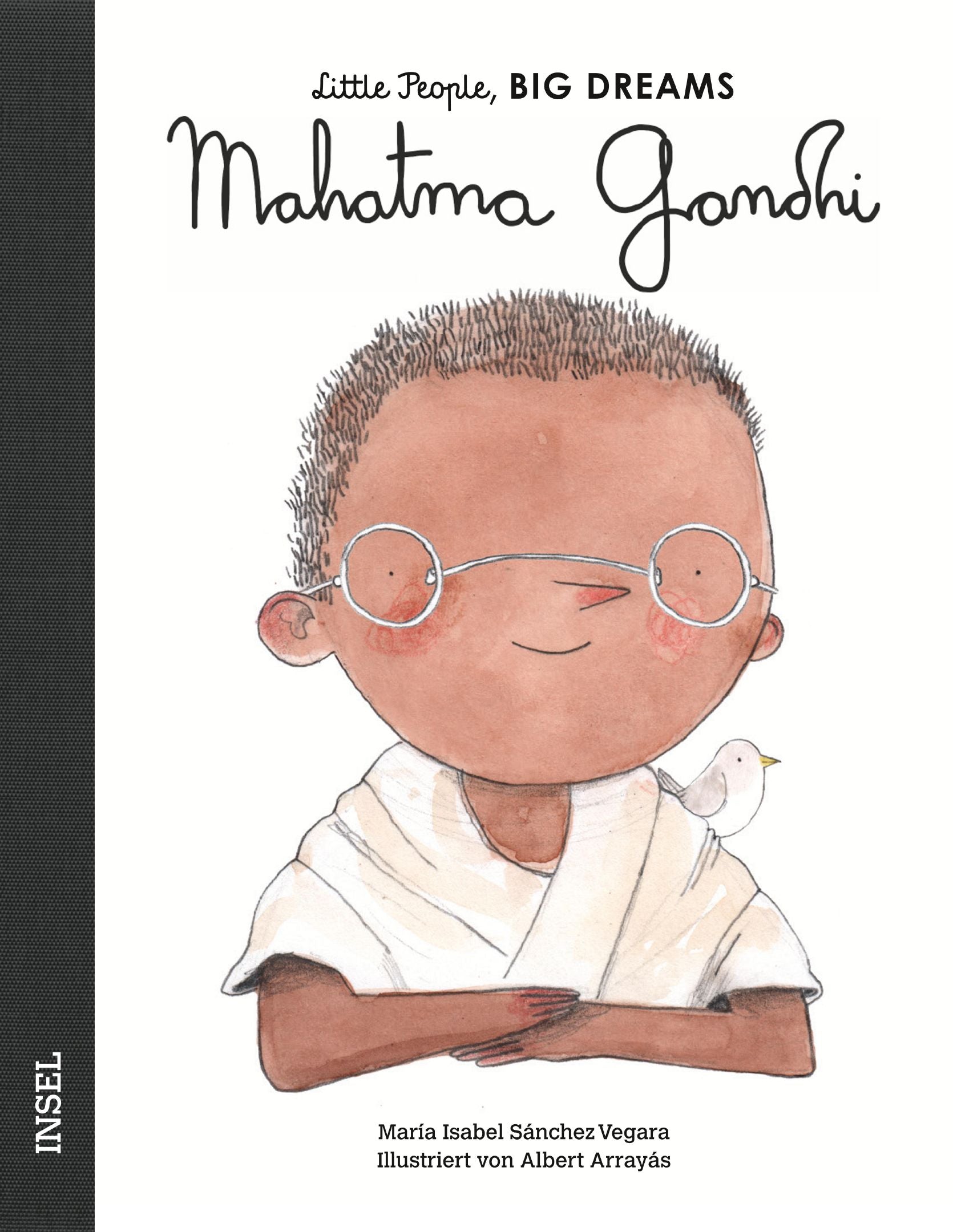 Cover des Kinderbuchs über "Mahatma Gandhi" mit einer kindlichen Illustration von Gandhi in weißem Gewand und Brille.