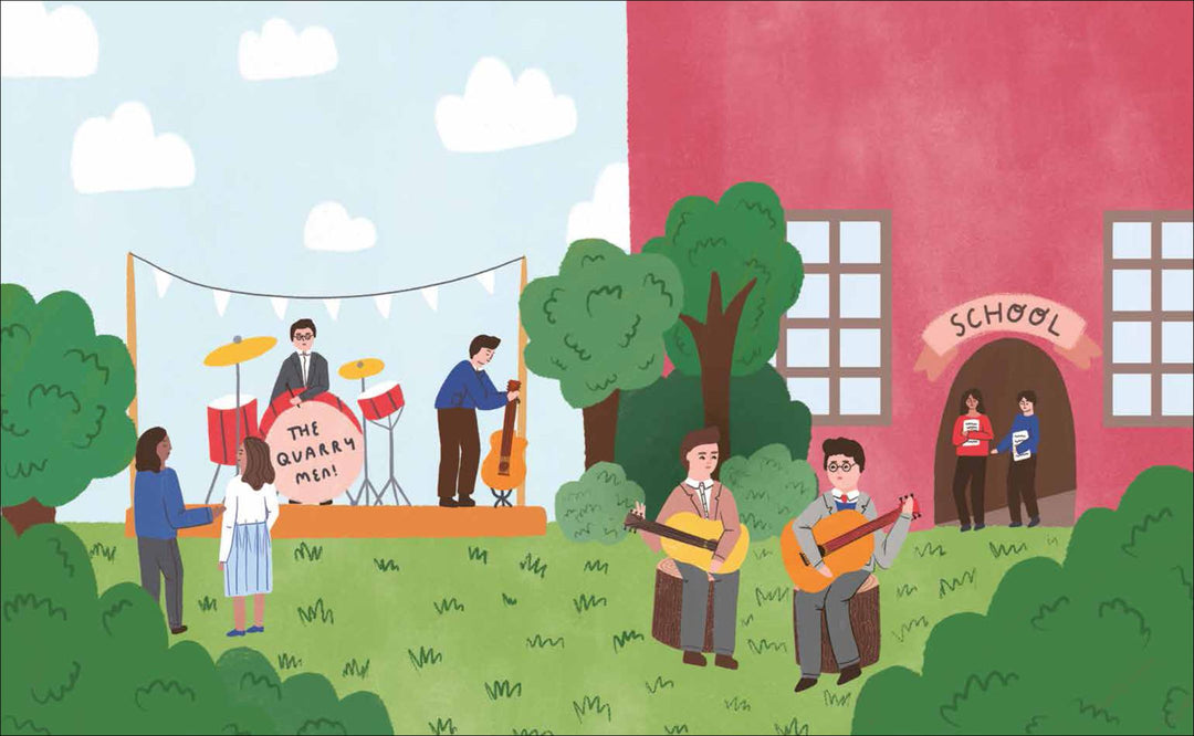 Illustration aus der Biografie von "John Lennon" zeigt eine Band auf einer Bühne, zwei Jungen mit Gitarren und ein Schulgebäude im Hintergrund.