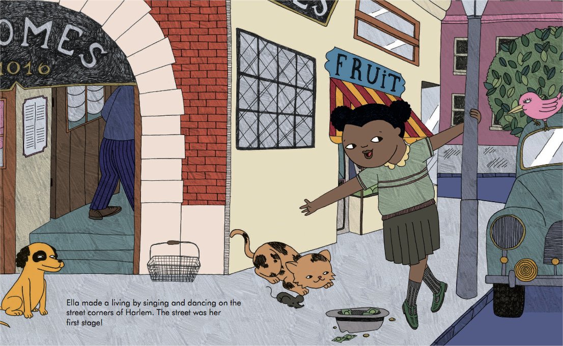Die Illustration zeigt Ella Fitzgerald in den Straßen von Harlem. Sie singt und tanzt, um sich ein wenig Geld damit zu verdienen.