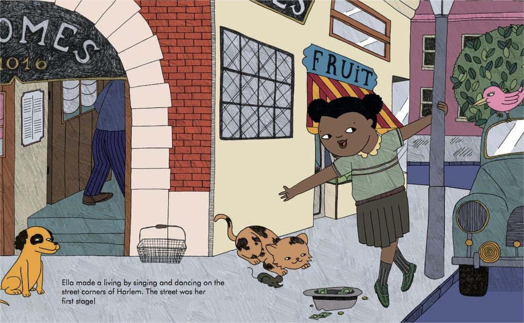 Die Illustration zeigt Ella Fitzgerald in den Straßen von Harlem. Sie singt und tanzt, um sich ein wenig Geld damit zu verdienen.