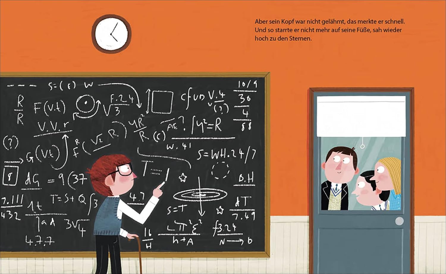 Illustration aus dem Kinderbuch über Stephen Hawking. Er steht vor einer großen Kreidetafel voller mathematischer Formeln, daneben eine weitere Person an der Tür.