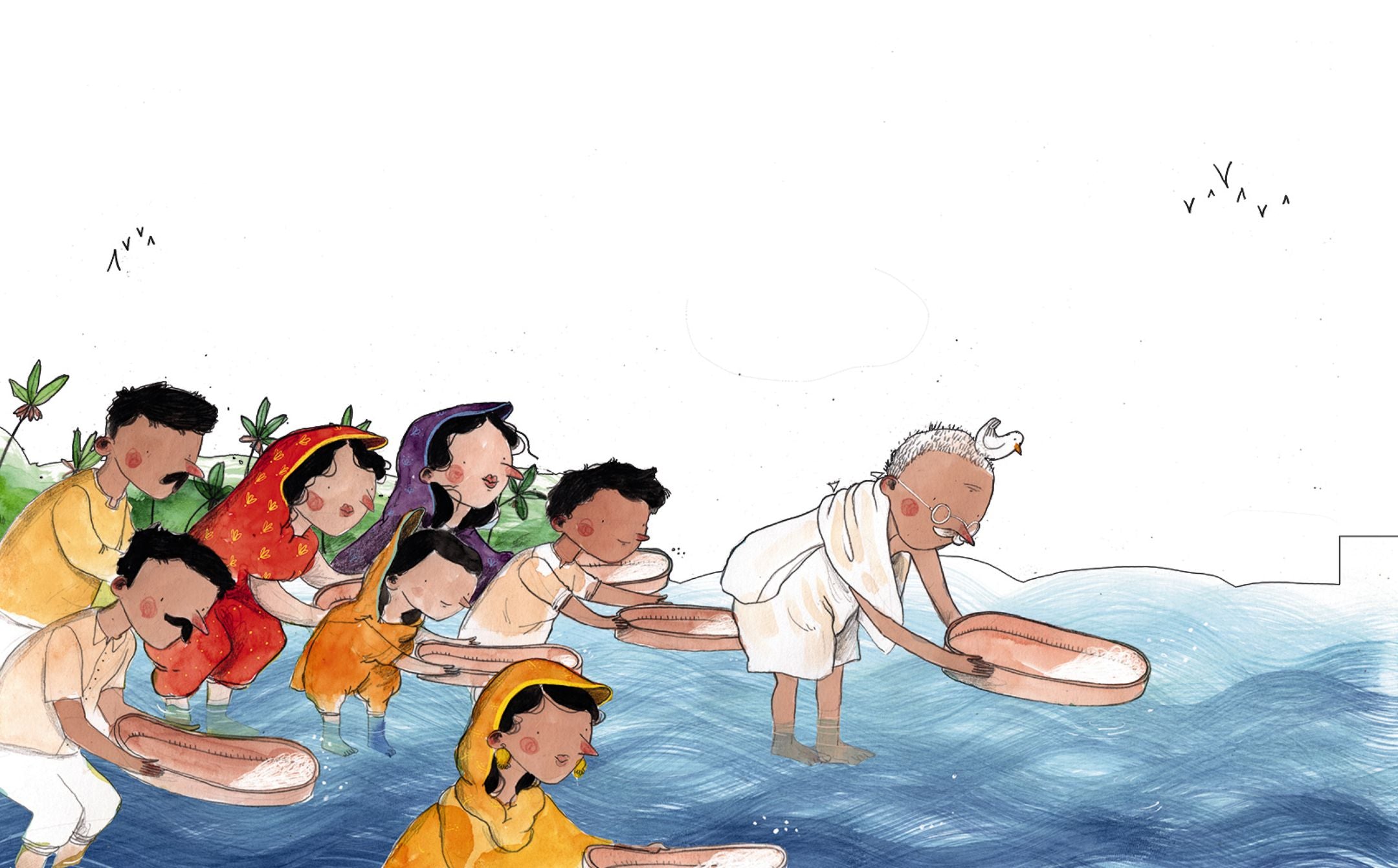 Illustriert ist Mahatma Gandhi und eine Gruppe von Menschen zu sehen, die im Wasser Salz sammeln. Gandhi trägt ein weißes Gewand, die anderen Menschen tragen bunte Kleidung.