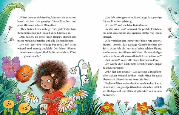 Doppelseite aus dem Buch "Mina Wirbelfee". Die Illustration zeigt Mina zwischen Blumen, die lebendig sind und sprechen.