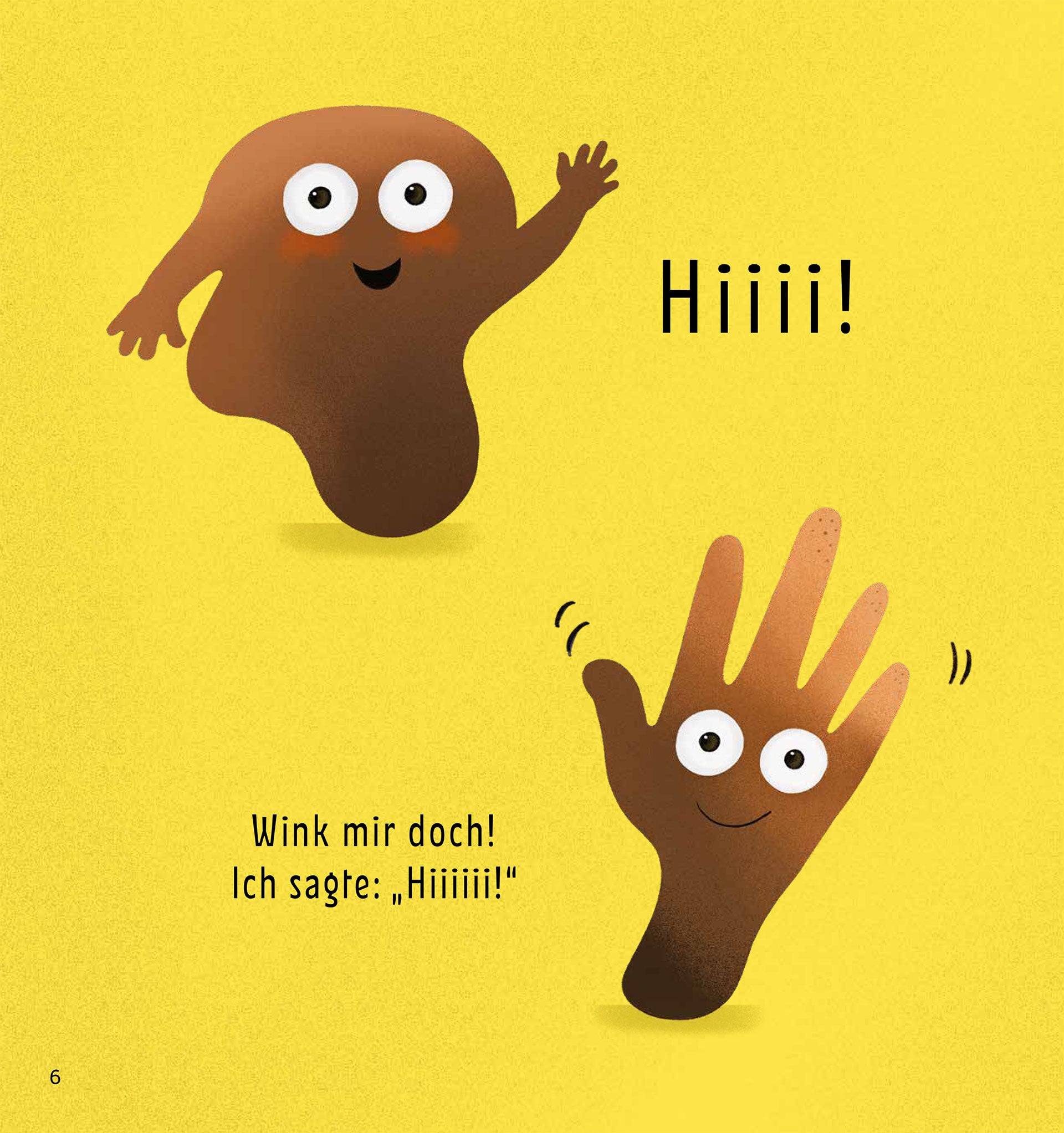 Illustration aus dem Kinderbuch "Es ist doch nur Haut!". Zu sehen sind winkende Hände in verschiedenen Hautfarben. Die Hände haben Augen und lachen.