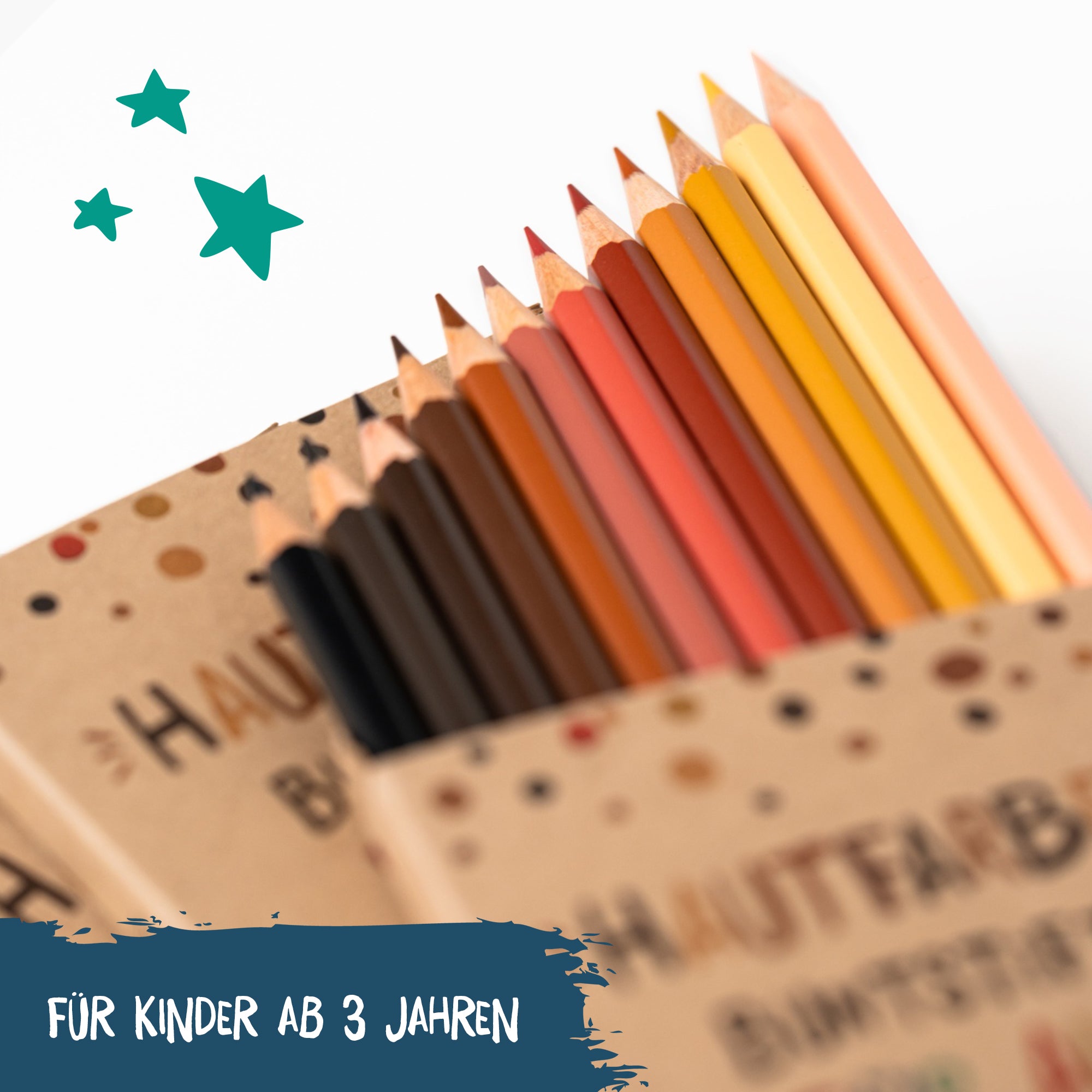 Geöffnete Packung der Hautfarben-Buntstifte. Geeignet für Kinder ab 3 Jahren.