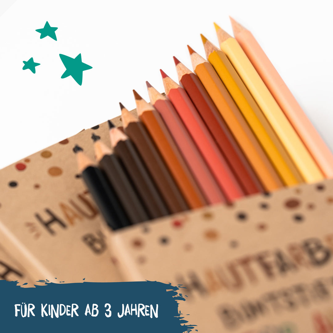 Geöffnete Packung der Hautfarben-Buntstifte. Geeignet für Kinder ab 3 Jahren.