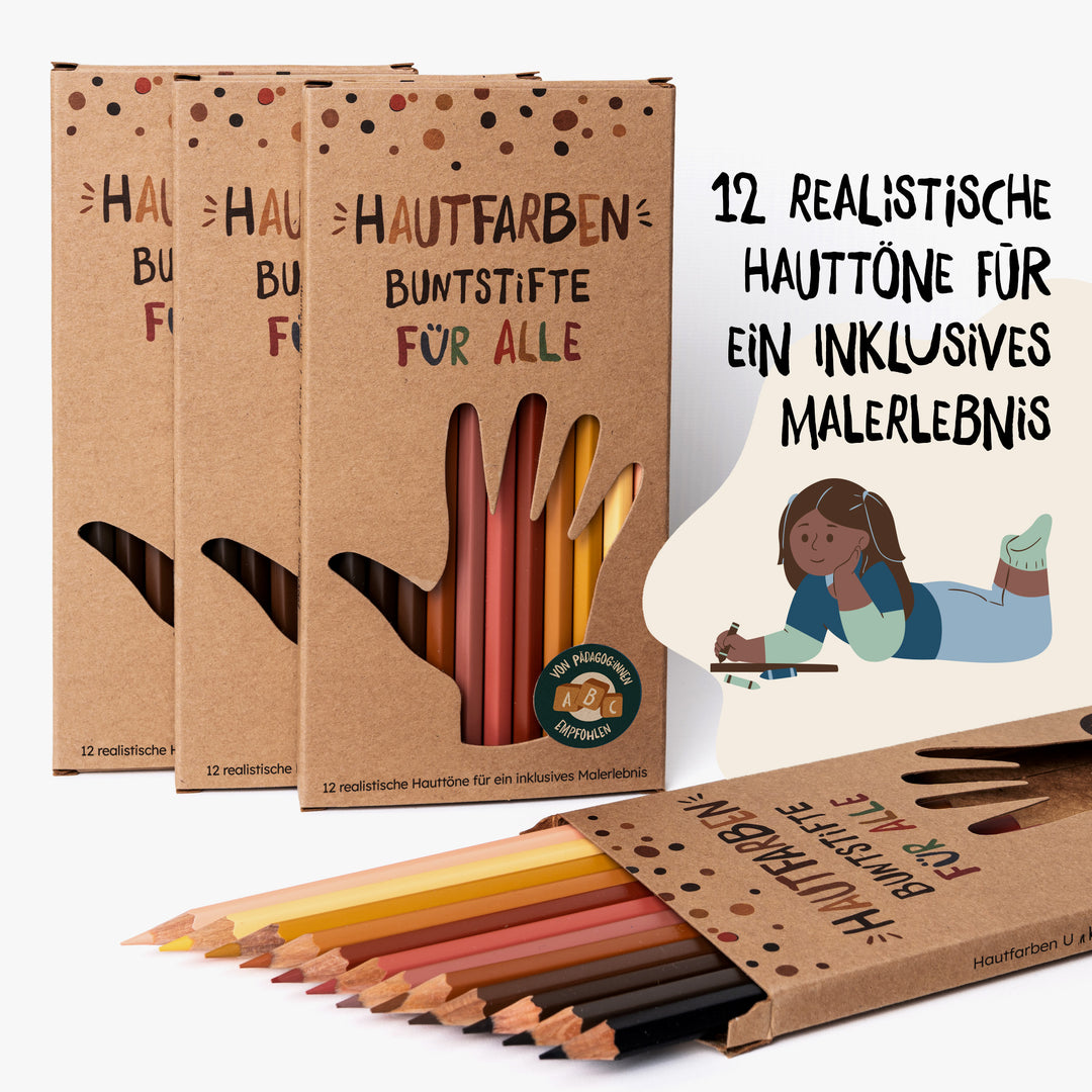 Großansicht der Hautfarben-Buntstifte. 12 realistische Hauttöne für ein inklusives Malerlebnis.