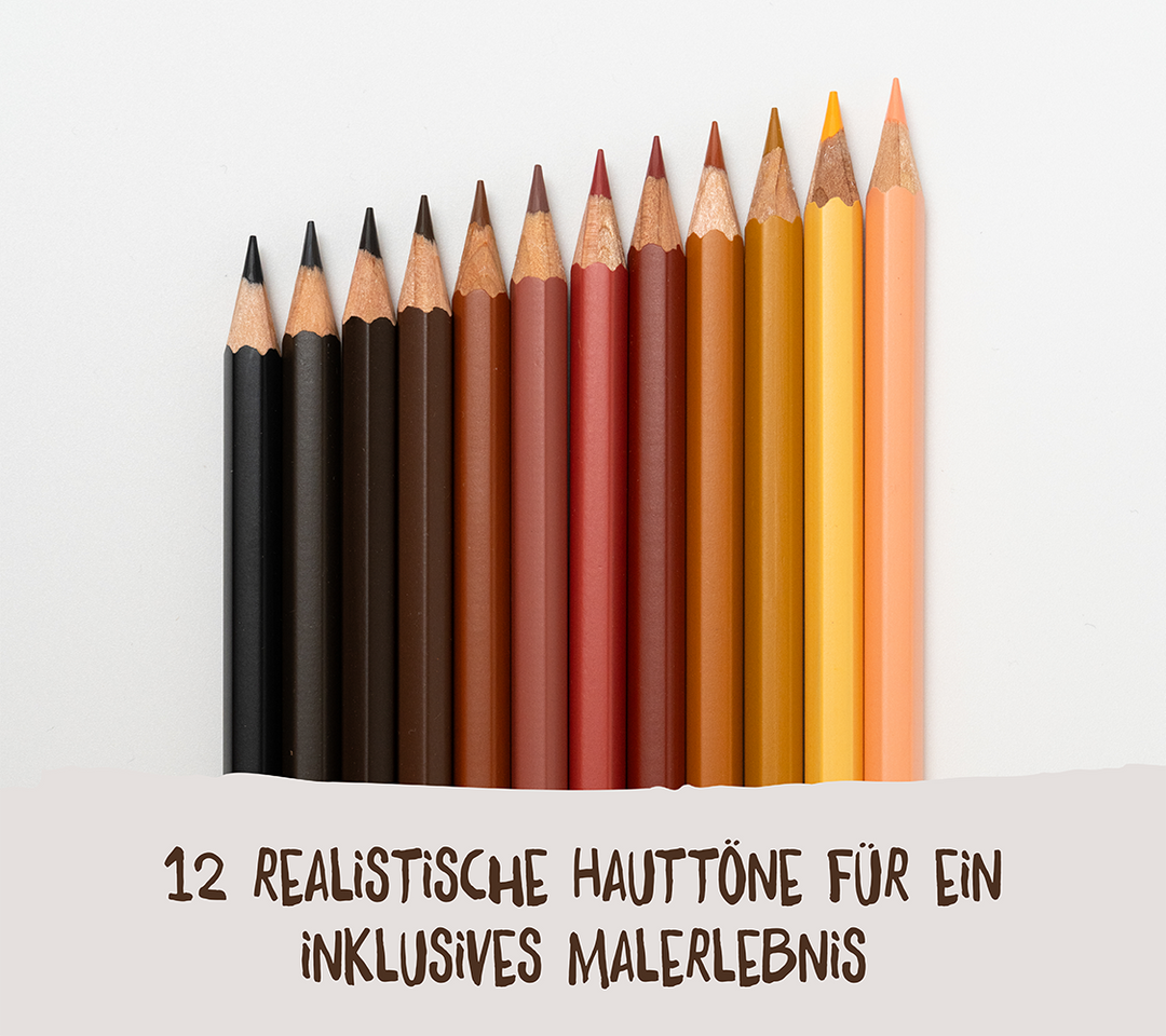 Großansicht der Hautfarben-Buntstifte. 12 realistische Hauttöne für ein inklusives Malerlebnis.