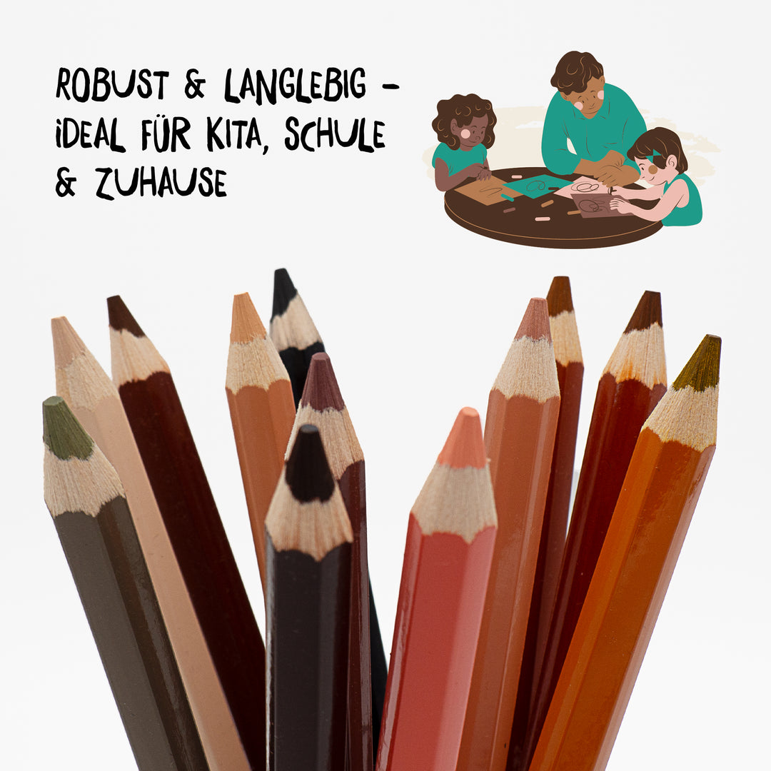 Robuste Buntstifte von Hautfarben, ideal für Kita, Schule und Zuhause. In 12 verschiedenen Hauttönen für mehr Vielfalt.