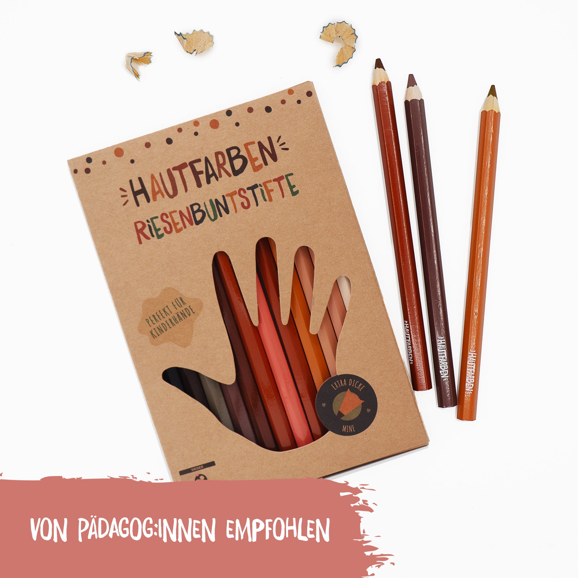 Packung der Riesenbuntstifte von Hautfarben, von Pädagog:innen empfohlen. 