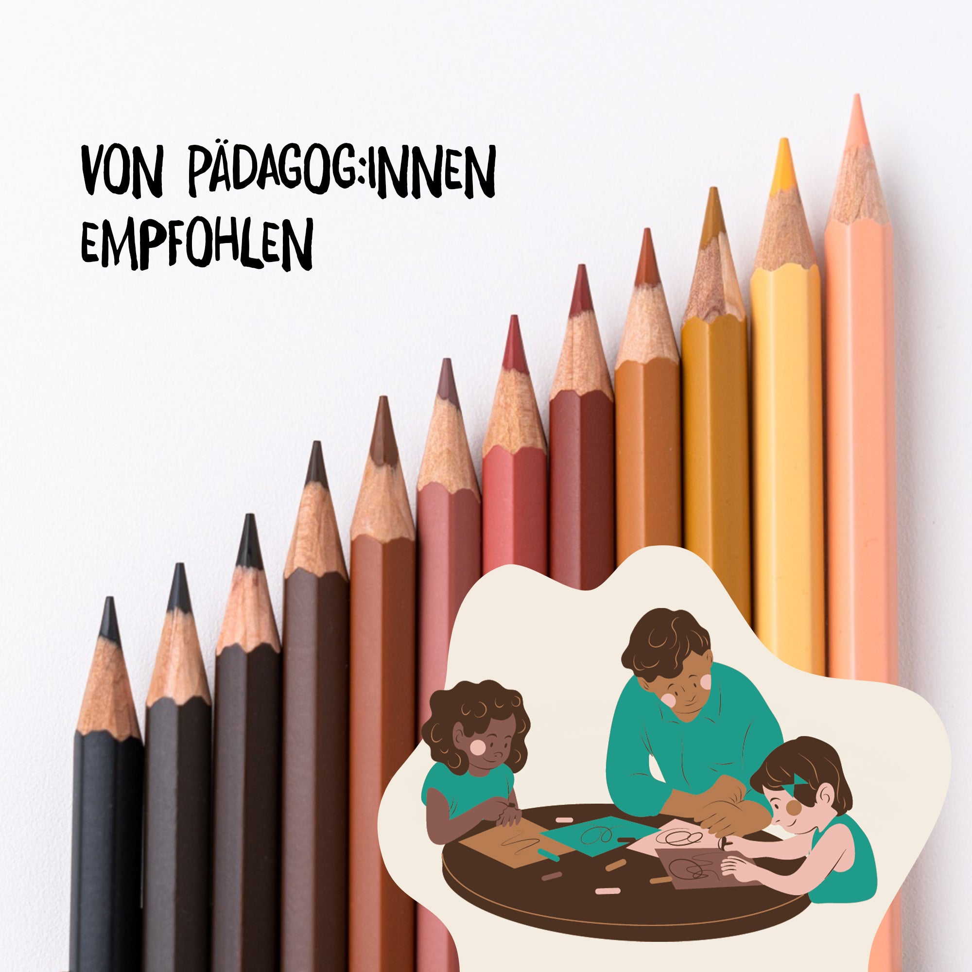 12 Hautfarben-Buntstifte auf weißem Hintergrund. Die Stifte sind von Pädagog:innen empfohlen.