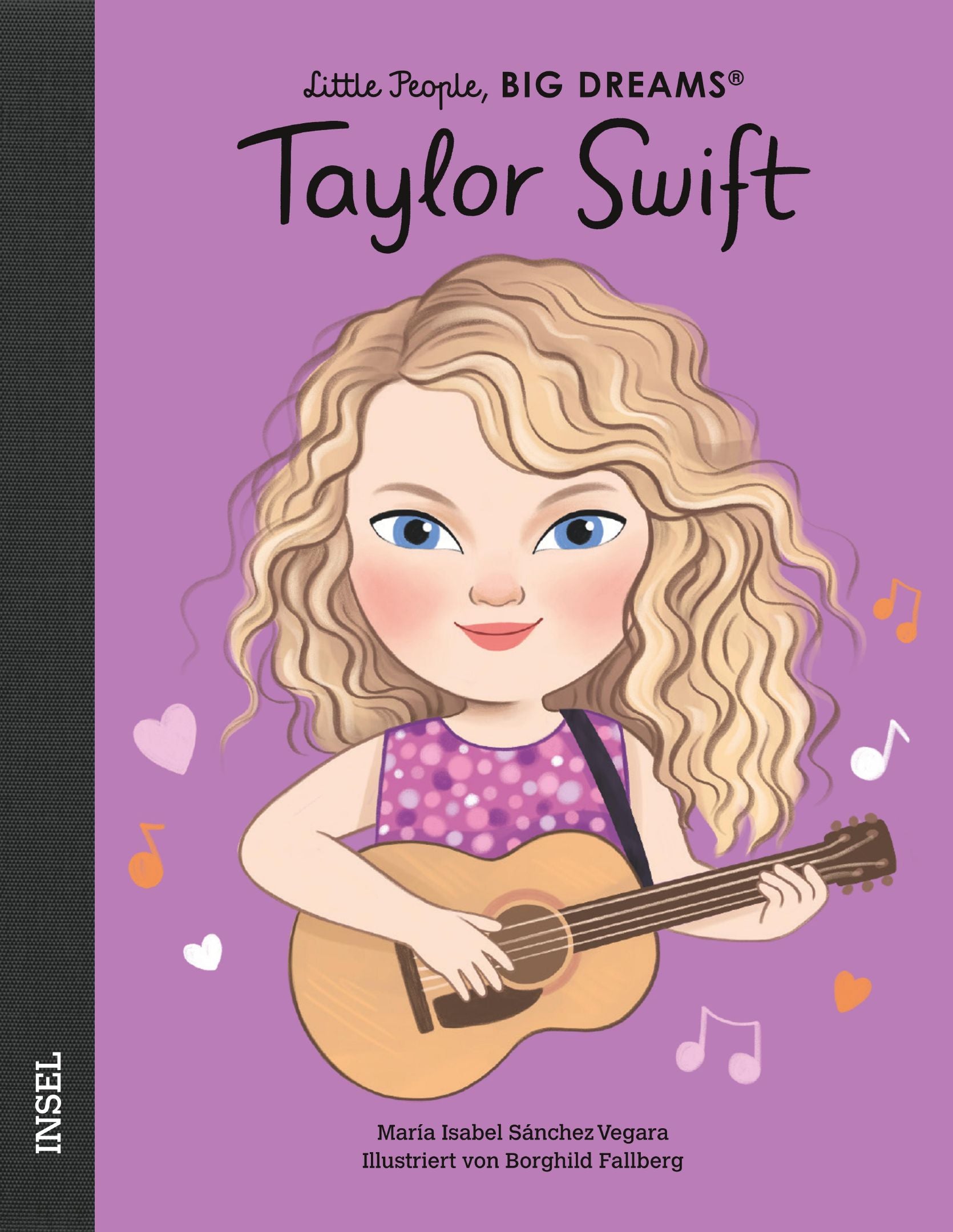 Cover des Kinderbuchs über "Taylor Swift". Die Illustration zeigt Taylor Swift mit einer Gitarre in der Hand vor einem lila Hintergrund.