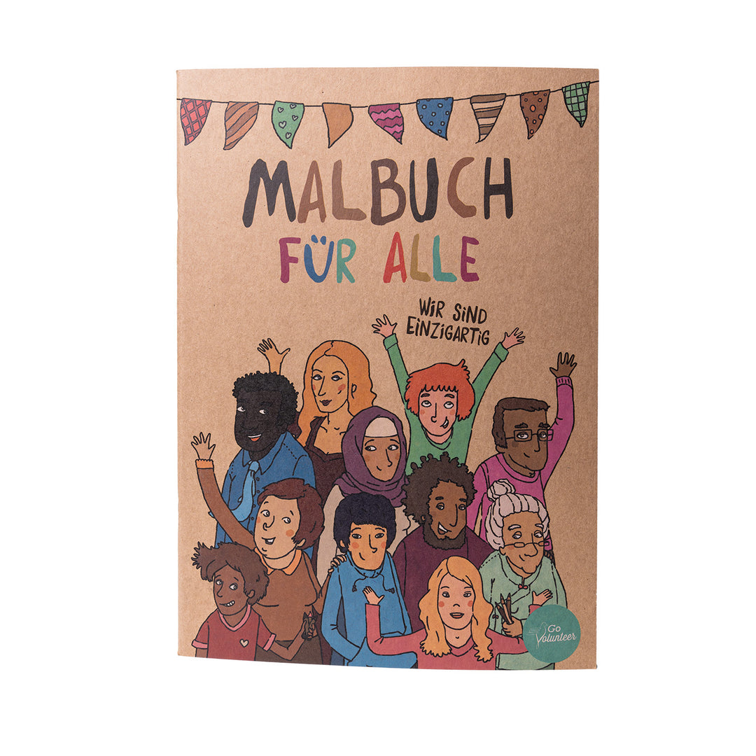 Cover des Hautfarben-Malbuchs "Für alle" mit bunten Illustrationen von unterschiedlichen Menschen zum Erlernen von Vielfalt.