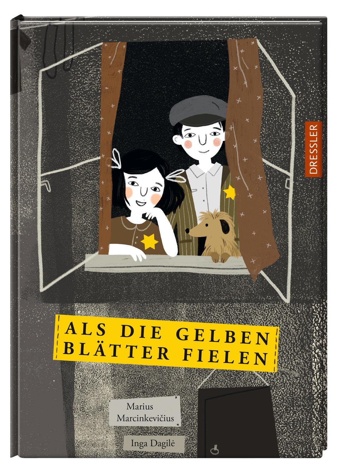 Cover des Kinderbuchs "Als die gelben Blätter fielen". Die Illustration zeigt zwei Kinder mit einem gelben Stern auf der Brust und einem Hund. Sie blicken aus dem Fenster und lachen.