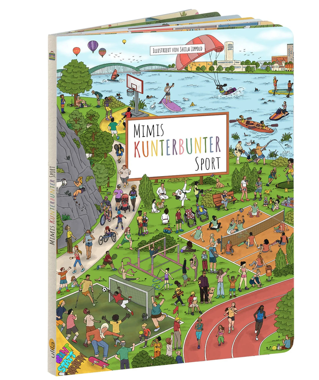 Cover des Kinderbuchs "Mimis kunterbunter Sport" illustriert Szenen aus der Welt des Sports, inklusive Menschen mit und ohne Behinderung.