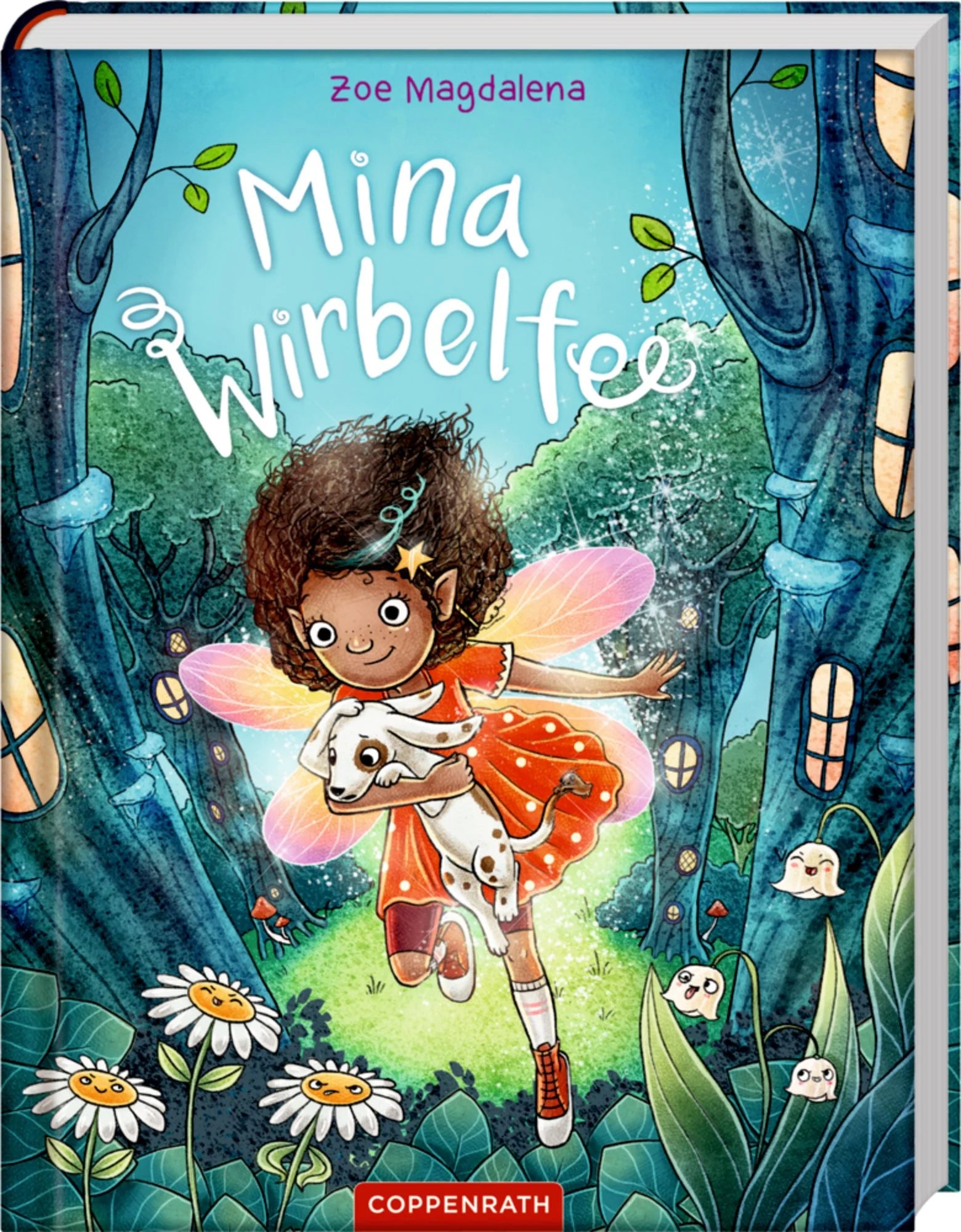 Cover des Kinderbuchs "Mina Wirbelfee" mit Mina, einer Fee mit braunen Locken, die einen Hund trägt, umgeben von einem magischen Wald.