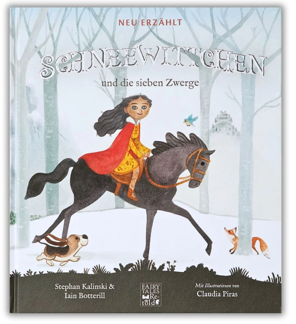 Cover des Kinderbuchs "Schneewittchen - neu erzählt". Die Illustration zeigt ein Mädchen, das auf einem Pferd reitet.