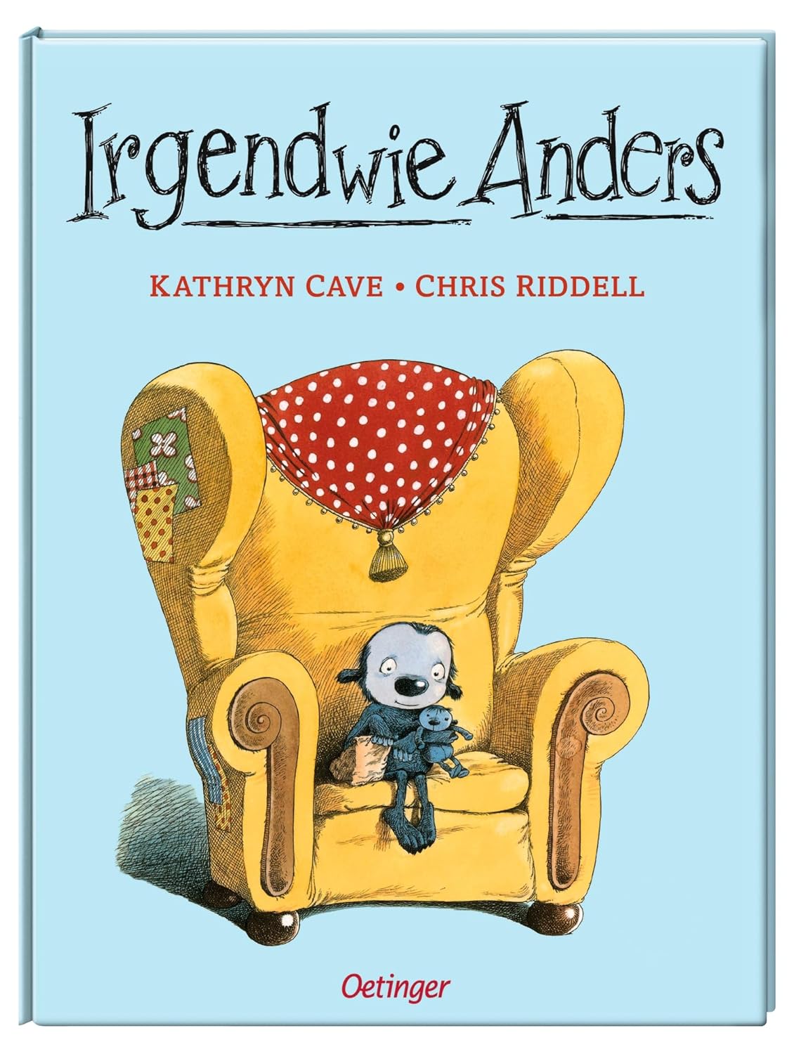 Buchcover von "Irgendwie Anders" mit Illustration des Hauptcharakters auf einem gelben Sessel mit Kuscheltier in der Hand.