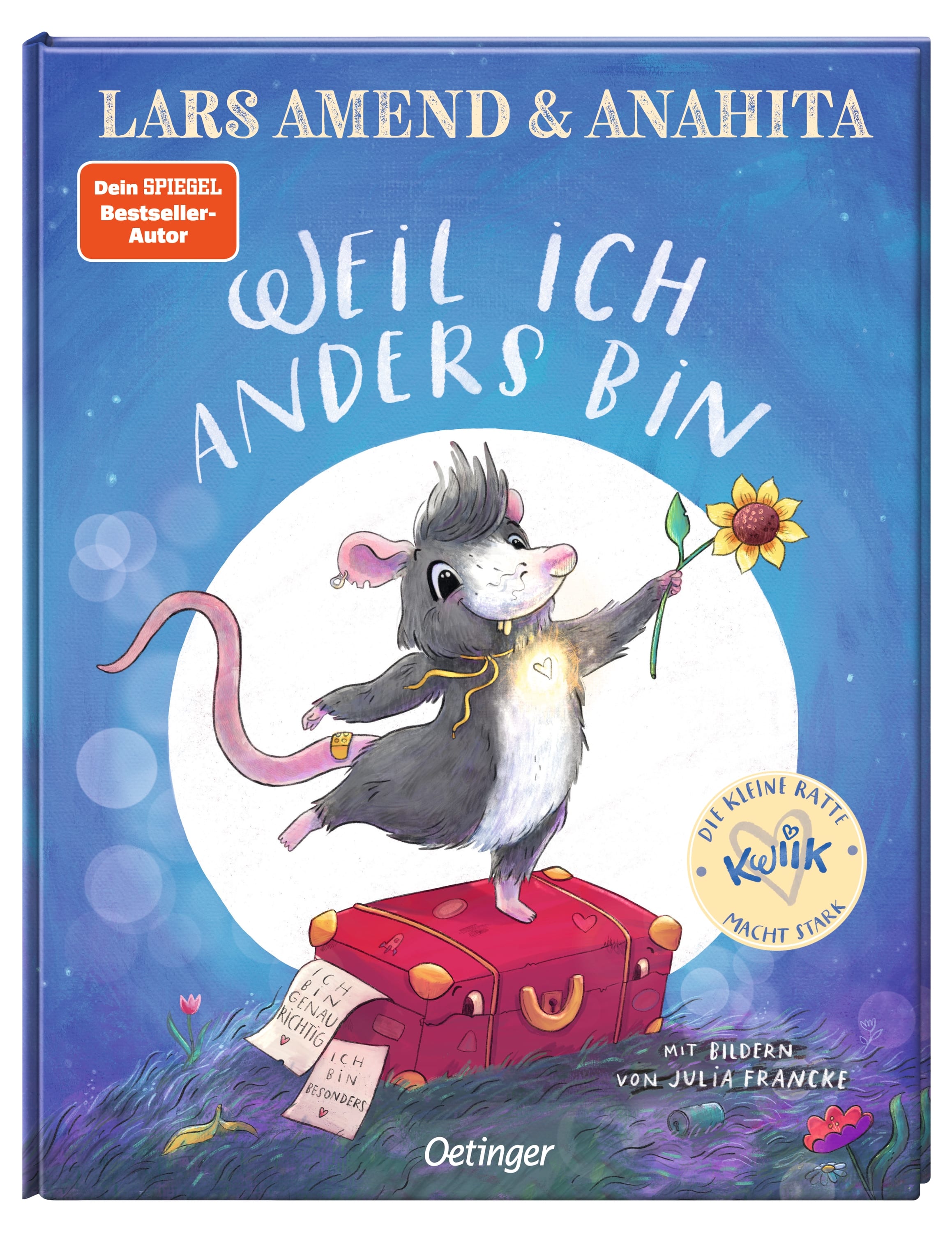 Cover vom Kinderbuch "Weil ich anders bin". Die Illustration zeigt eine Ratte, die eine Blume in der Hand hält und auf einem Koffer steht.