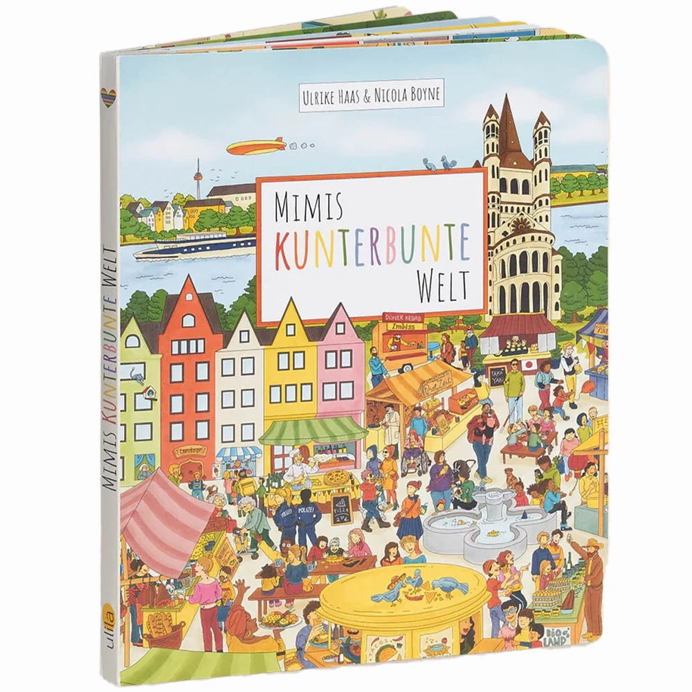 Cover des Wimmelbuchs "Mimis kunterbunte Welt". Die Illustration zeigt einen bunten Marktplatz und vielseitige Alltagsszenen.