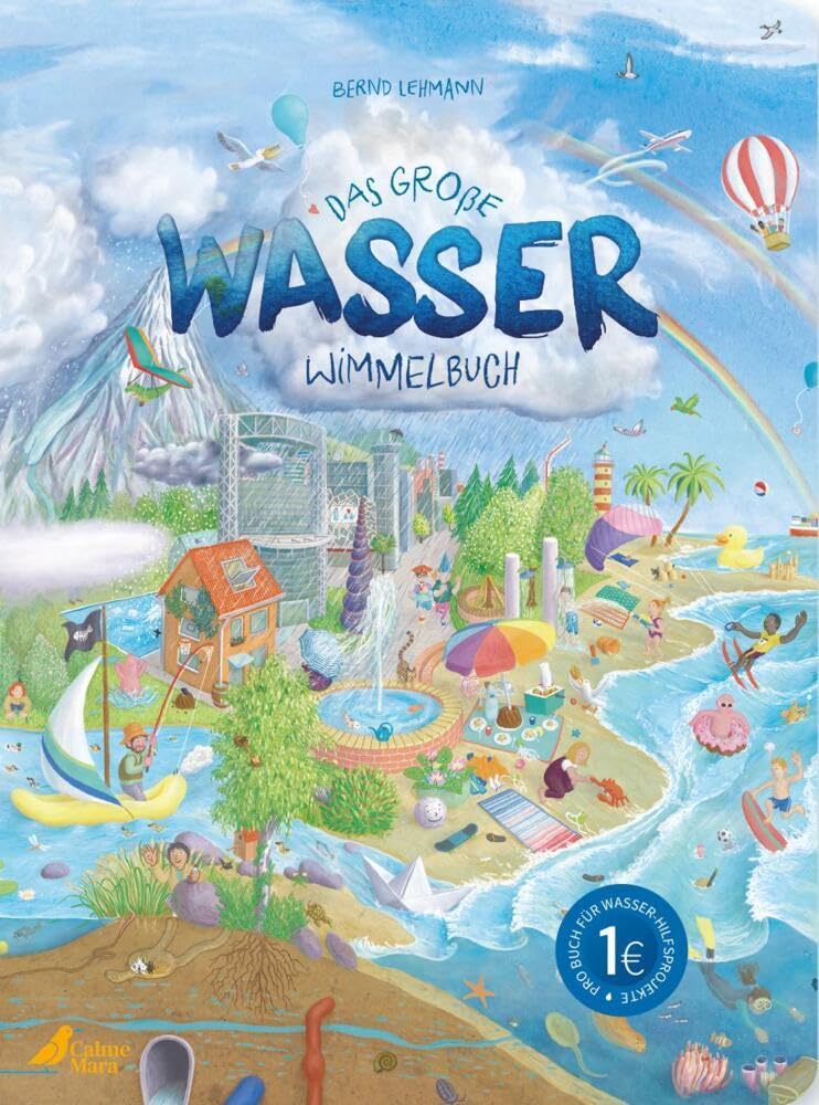 Cover des großen Wasser-Wimmelbuchs zeigt eine bunte Landschaft mit Meer, Flüssen, Bergen und vielen Tieren.