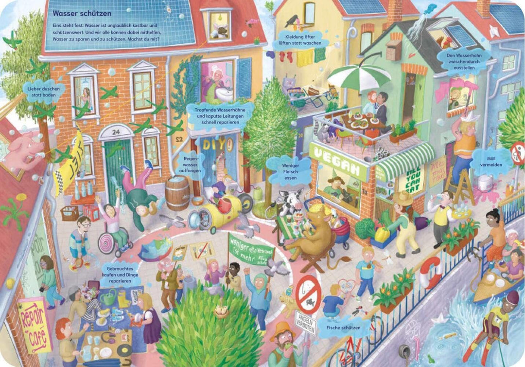 Illustration aus dem Wasser-Wimmelbuch zeigt eine lebhafte Stadt mit vielen Menschen, Häusern und Wasserläufen, die spielerisch Wissen über Trinkwasser und Umwelt vermittelt.