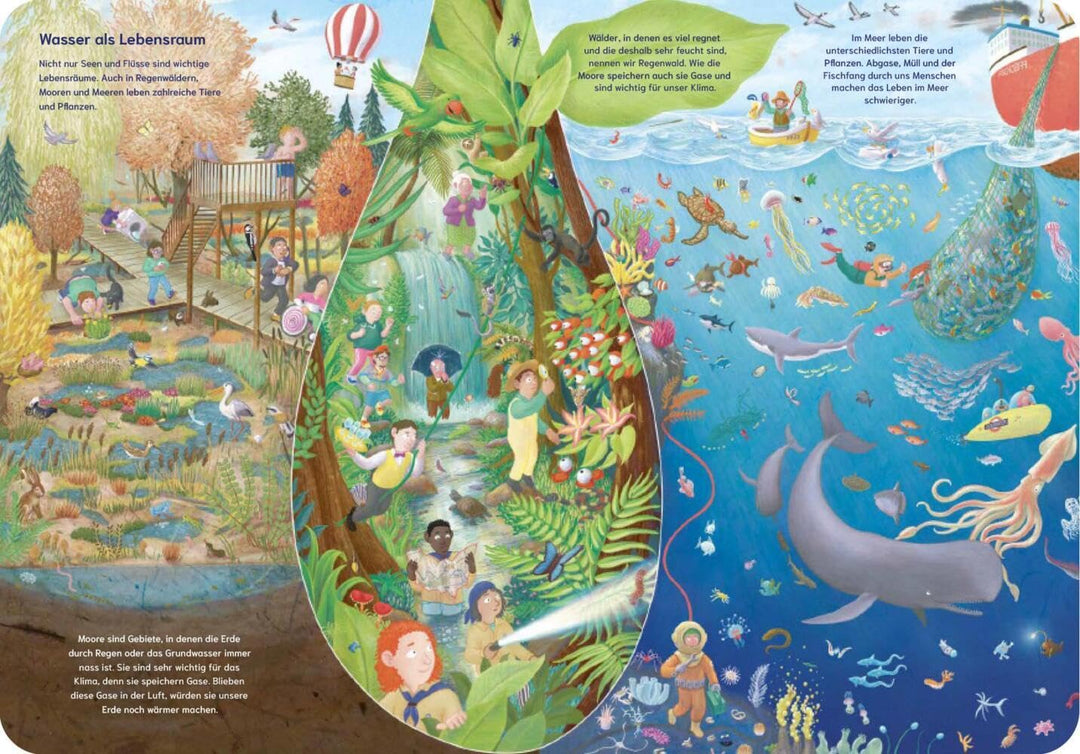Doppelseite aus dem großen Wasser-Wimmelbuch zeigt verschiedene Landschaften. Es werden Umweltprobleme dargestellt und erklärt.