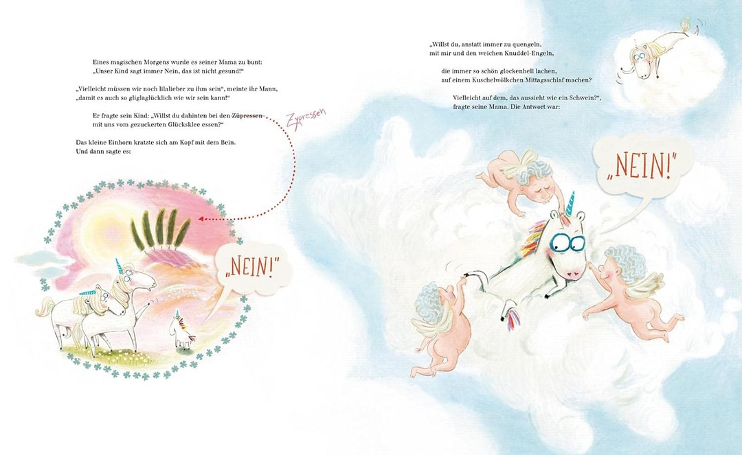 Seite aus dem Kinderbuch "Das NEINhorn" mit einem Einhorn im Himmel und Engeln, die um es herumfliegen.