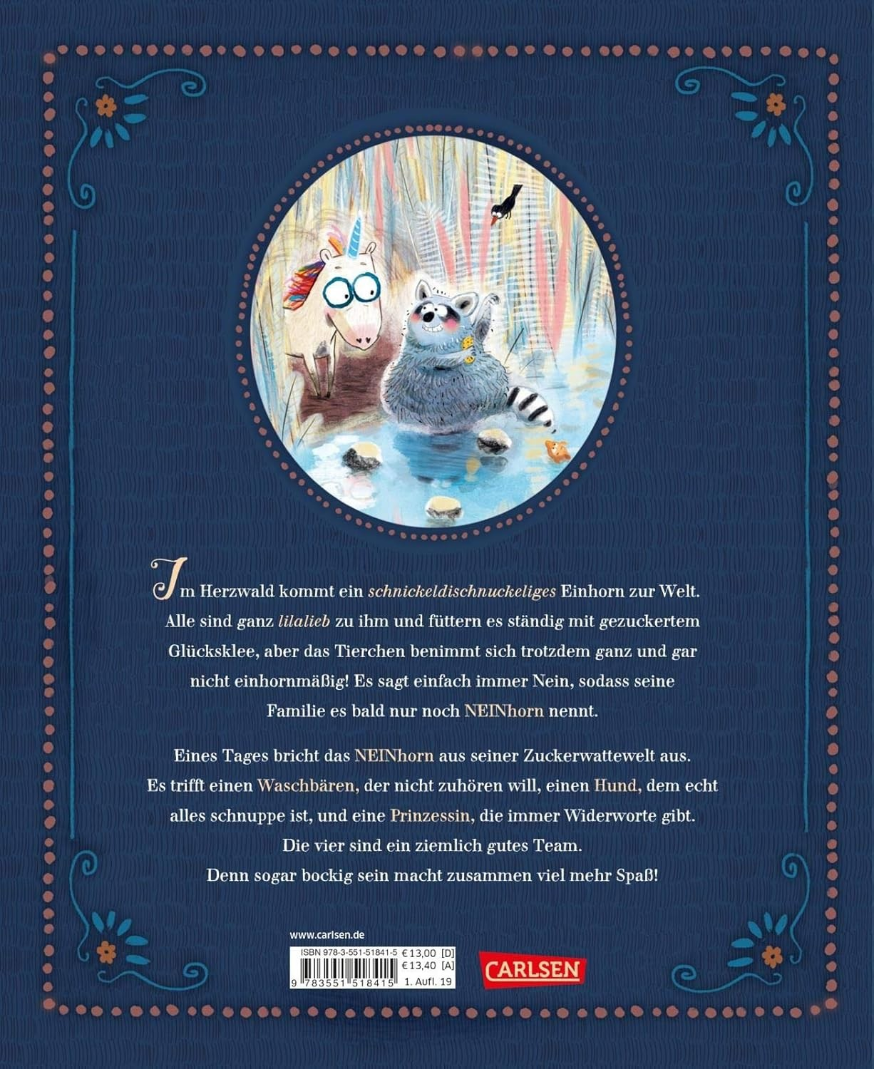 Rückseite des Kinderbuchs „Das NEINhorn“ mit Klappentext über Eigenwillen und Freundschaft.
