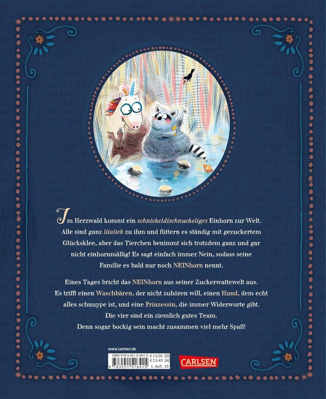 Rückseite des Kinderbuchs „Das NEINhorn“ mit Klappentext über Eigenwillen und Freundschaft.