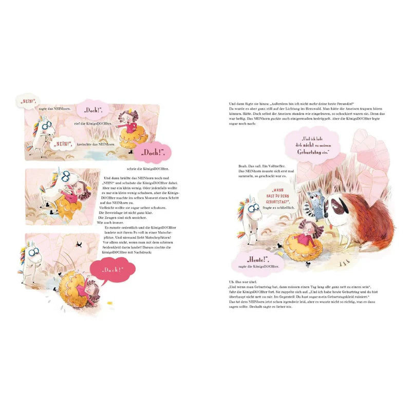 Kindlicher Streit und emotionale Dialoge im Buch "Das NEINhorn und der Geburtstag". Witziges Buch für Kinder ab 4 Jahren.