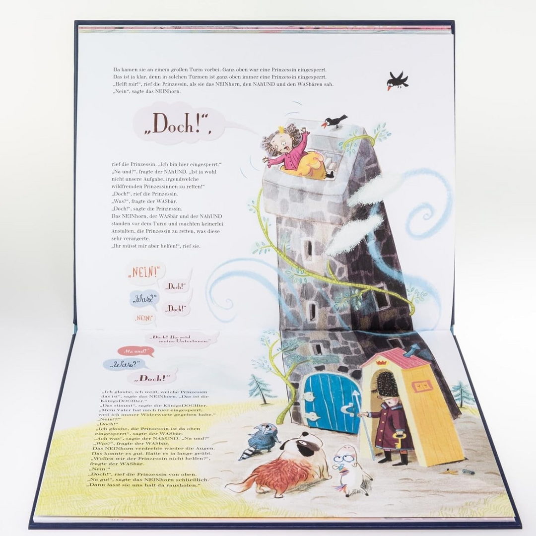 Bilderbuch "Das NEINhorn" zeigt eine Illustration einer Prinzessin in einem Turm. Unten stehen Tiere und schauen zu ihr hoch.