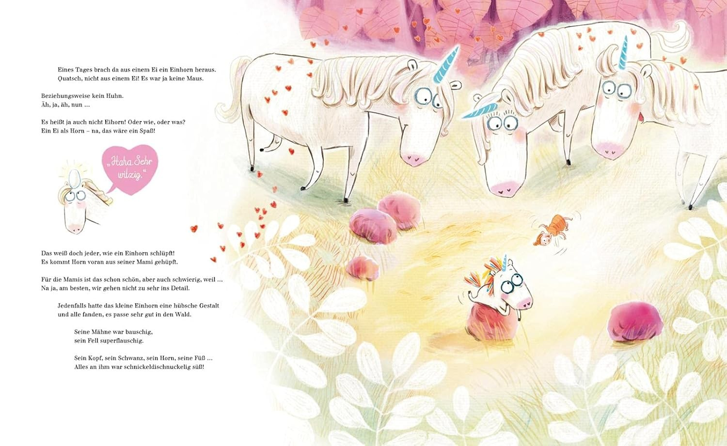 Buchseite aus „Das NEINhorn“ zeigt die bunte Fantasiewelt des Herzwalds mit Illustrationen von Einhörnern.