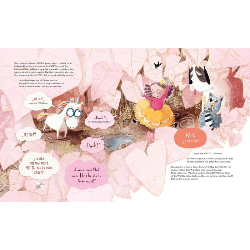 Seite aus dem Bilderbuch "Das NEINhorn und der Geburtstag" zeigt eine Illustration einer Prinzessin mit vielen Tieren.
