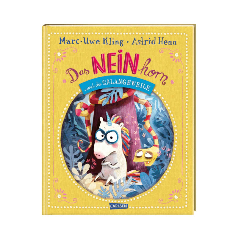 Buchcover von "Das NEINhorn und die SchLANGEWEILE" mit Einhorn im Dschungel.