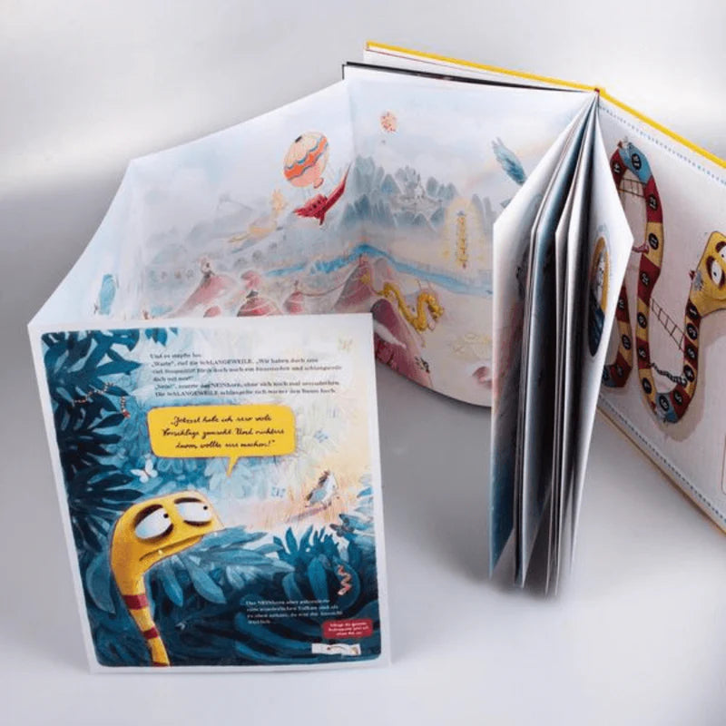 Panorama-Ausklappseite aus dem NEINhorn-Buch mit bunten Figuren im Dschungel.