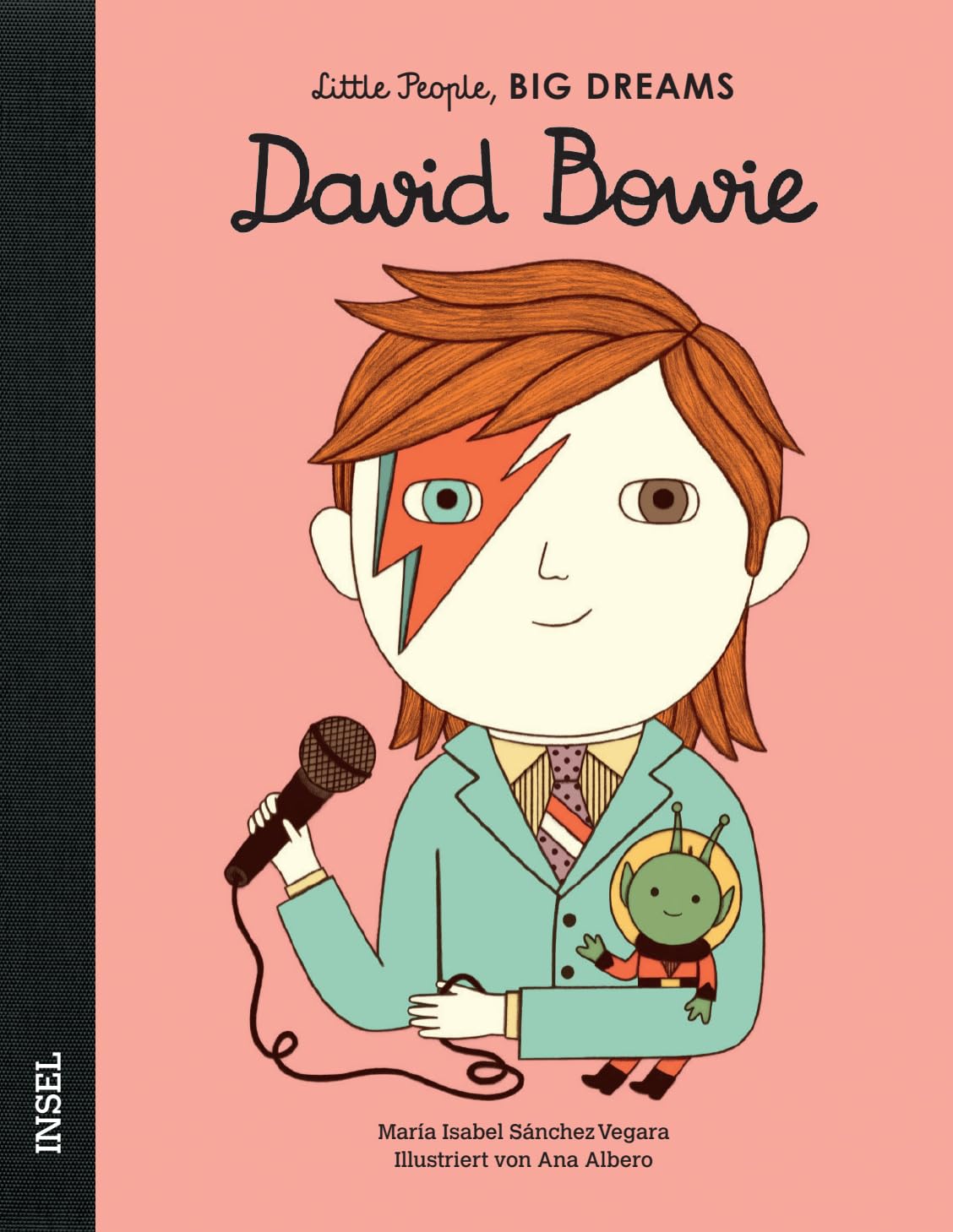 Cover des Kinderbuchs David Bowie Biografie: David Bowie mit Blitz-Make-up und Mikrofon auf rosa Hintergrund.