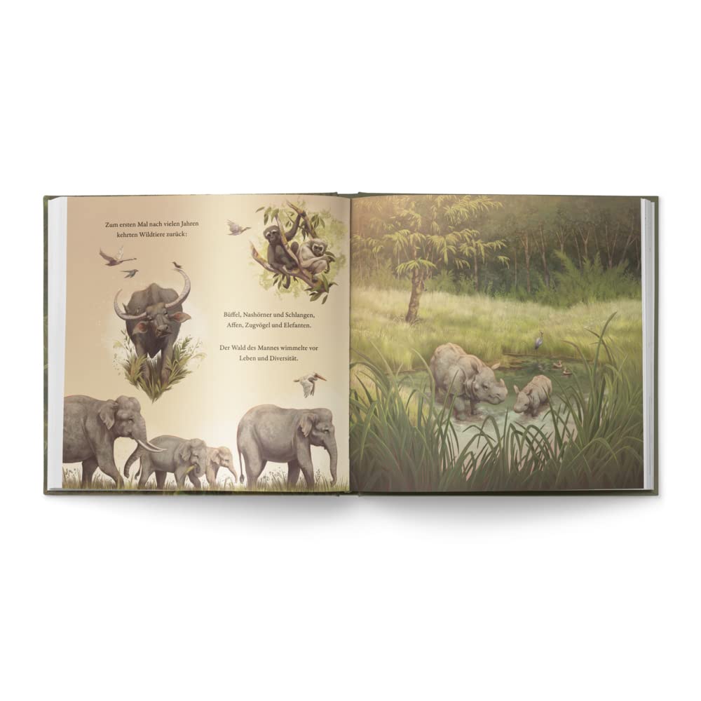 Innenansicht aus dem Kinderbuch "Der Junge, der einen Wald pflanzte". Tiere wie Elefanten, Nashörner, Affen und Vögel kehren in den wachsenden Wald von Jadav Payeng zurück.