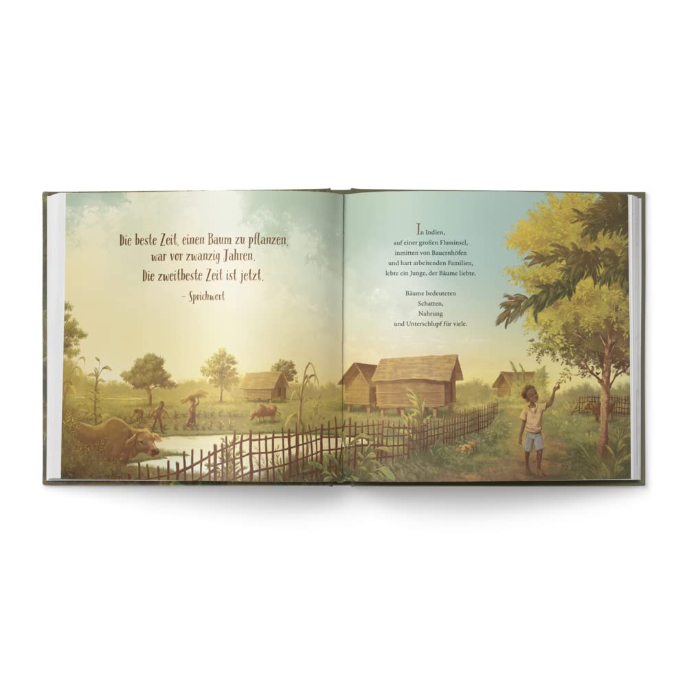 Innenansicht aus dem Kinderbuch "Der Junge, der einen Wald pflanzte". Illustration eines Dorfes mit Tieren und Jadav Payeng. Text über die beste Zeit, einen Baum zu pflanzen.