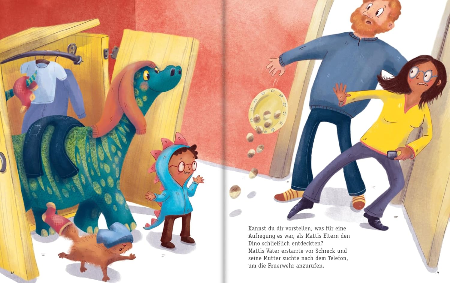 Illustration aus "Der Recyclosaurus" zeigt eine Dinosaurier im Kinderzimmer. Die Eltern kommen zur Tür rein und erschrecken sich.