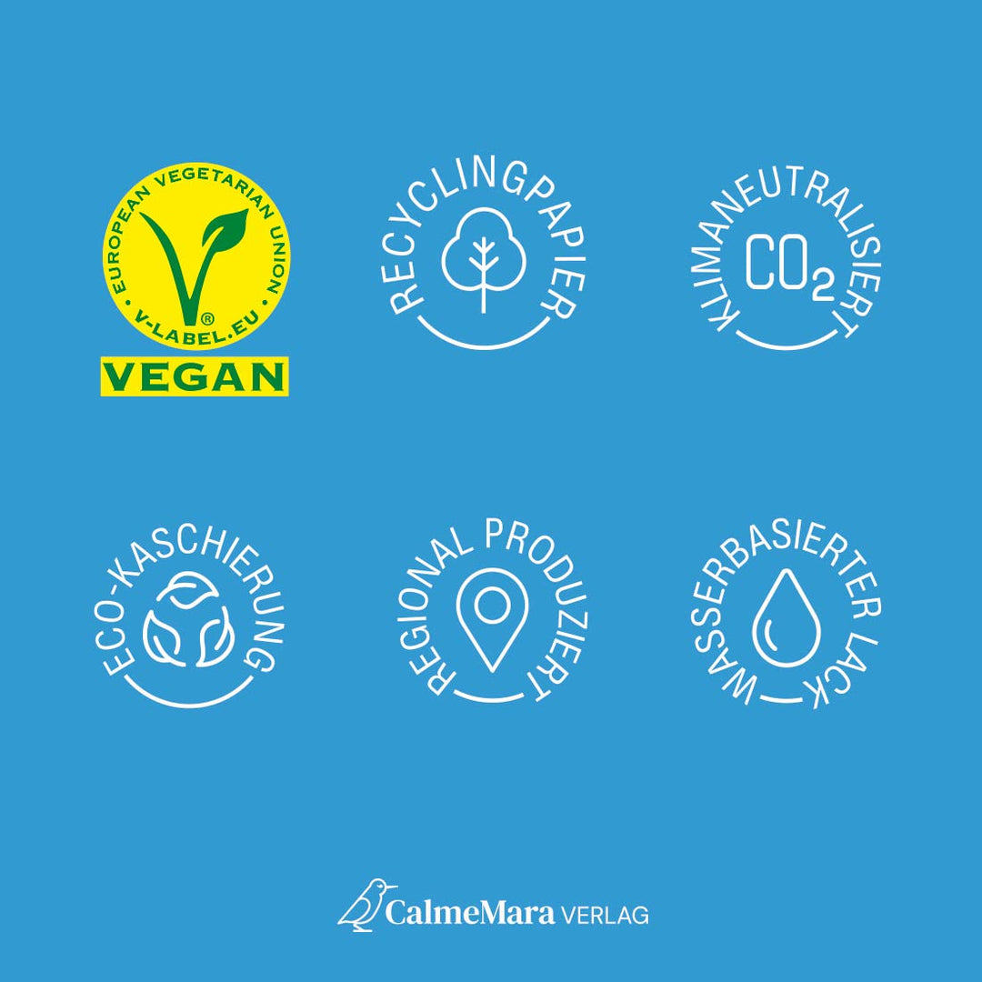 Nachhaltigkeitssiegel des Bilderbuchs "Der Recyclosaurus" mit Symbolen für vegan, klimaneutral und umweltfreundlich produziert