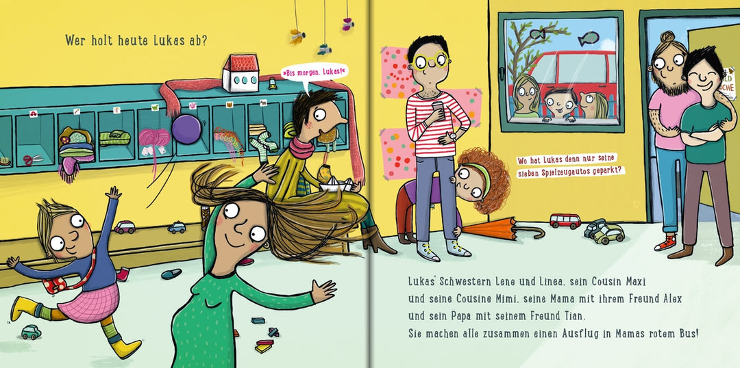 Doppelseite aus "Wer holt dich von der Kita ab?". Die Illustration zeigt Kinder, die von ihren vielfältigen Familien abgeholt werden.