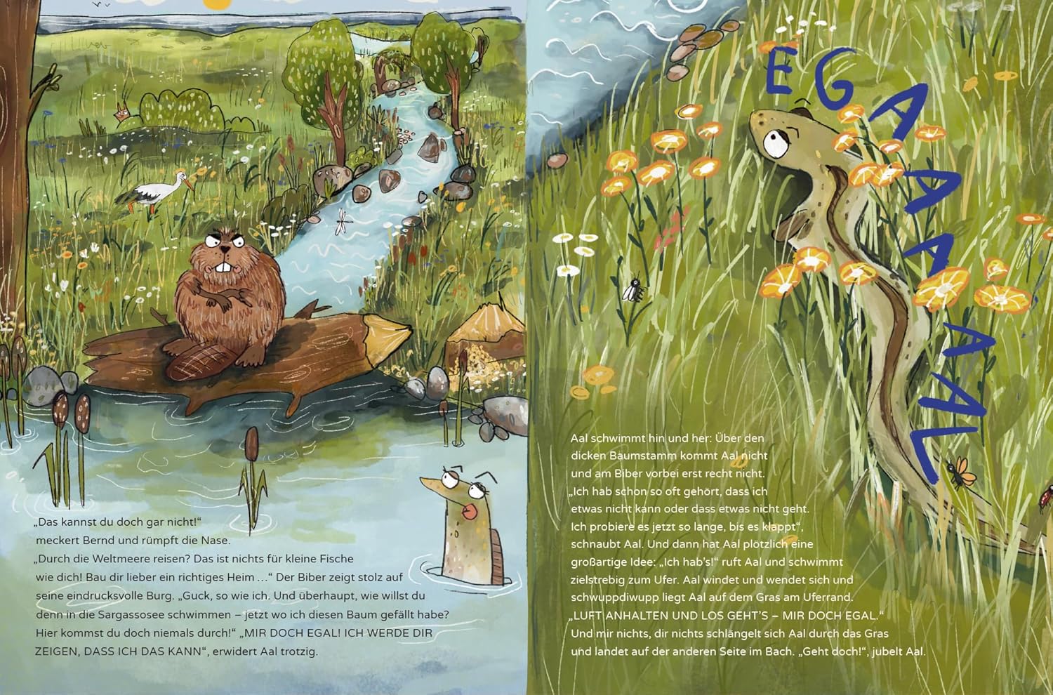 Innenansicht aus dem Kinderbuch "Egal sagt Aal" zeigt eine Illustration eines Bachs mit Biber und Aal, der sich durchs Gras schlängelt. Humorvoller Text über Mut und Selbstvertrauen.