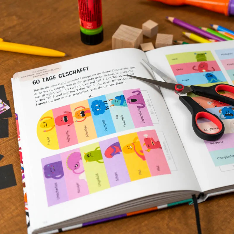 Übersicht der zehn Gefühle im Kinderbuch "Ein gutes Gefühl 2" mit Farben und bunten Monstern.
