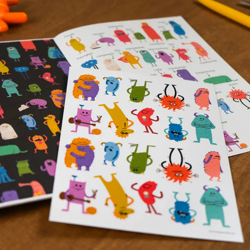 Stickerbogen mit bunten Gefühlsfiguren aus dem Kinderbuch "Ein gutes Gefühl 2".