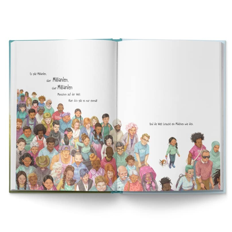 Seite aus "Ein Mädchen wie du" zeigt eine Illustration von einer Menschengruppe aus verschiedenen Nationen der Welt.