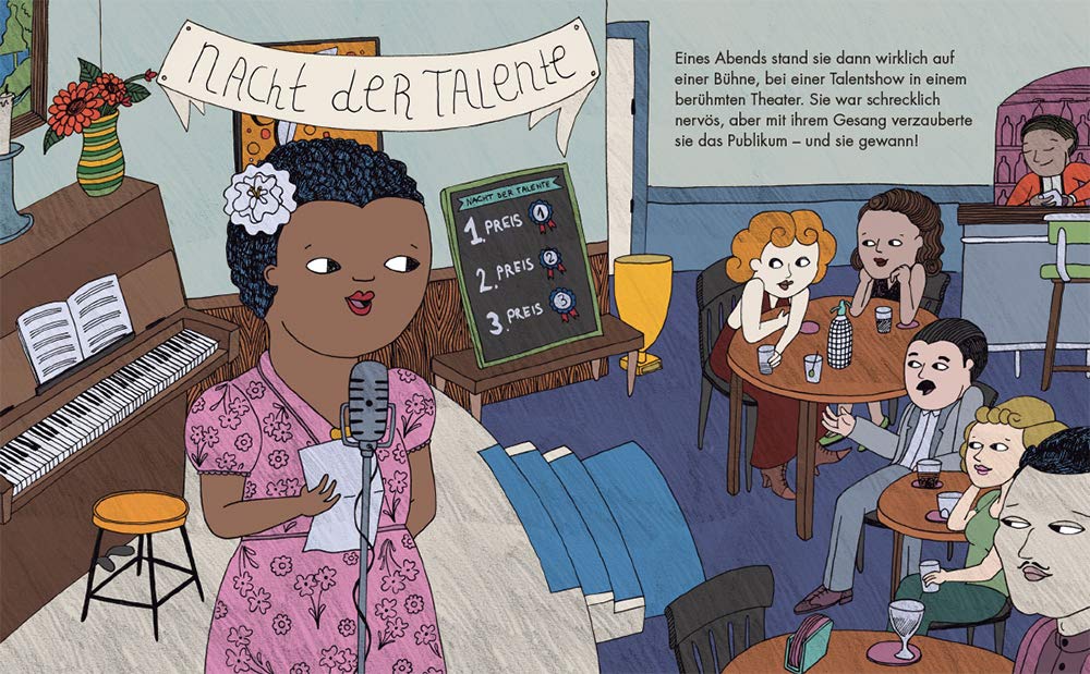 Die Illustration zeigt Ella Fitzgerald auf der Bühne bei einer Talentshow. Die Leute sind begeistert und sie gewinnt mit ihrem Gesang den ersten Platz.