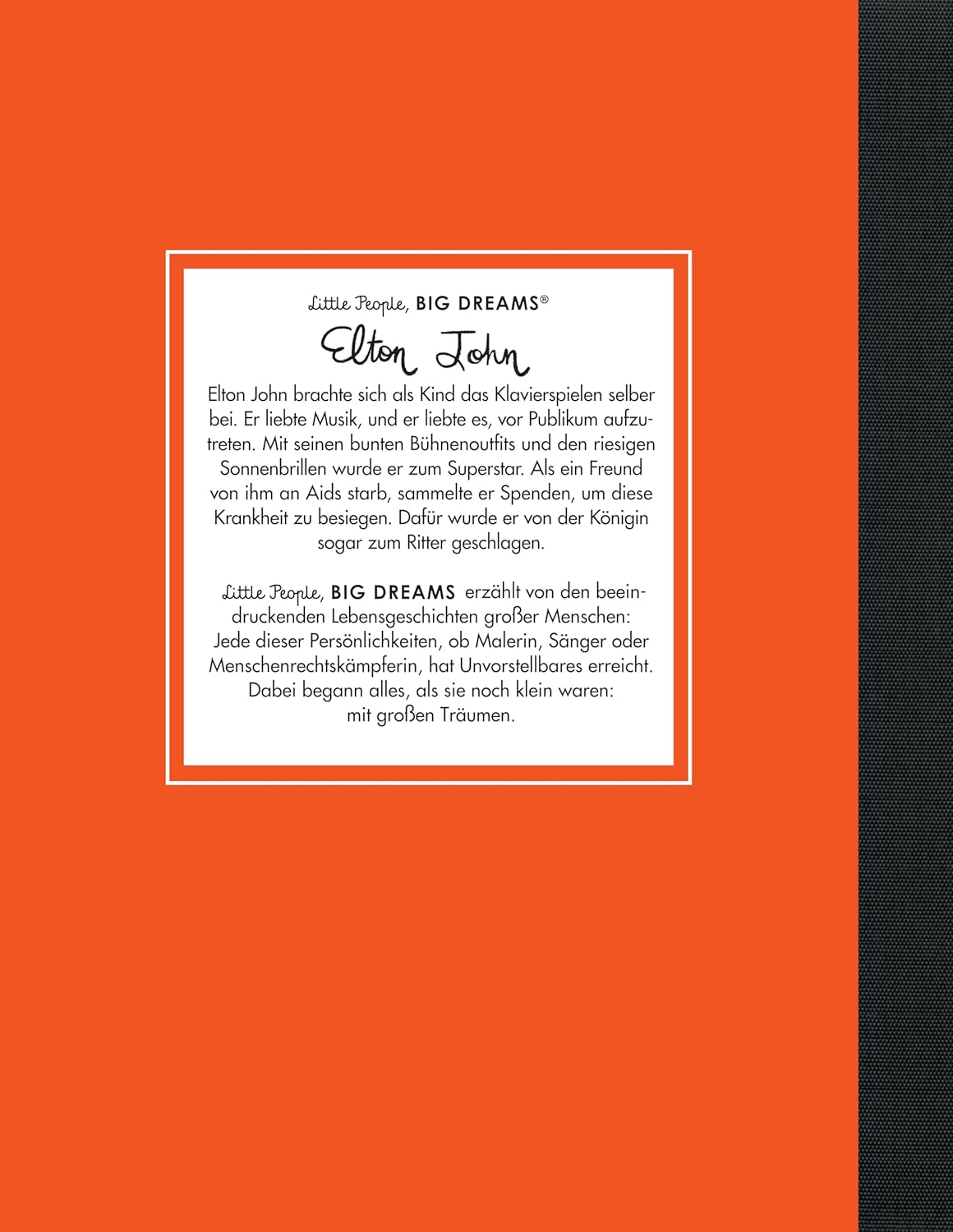 Auf der Rückseite wird die Elton John Biografie vorgestellt. Ein weißes Textfeld auf orangenem Hintergrund fasst sein bewegtes Leben zusammen.