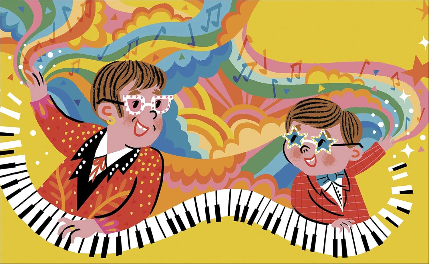 Szene aus der Elton John Biografie: Elton spielt am Klavier, während bunte Regenbogenfarben und Noten durch die Luft wirbeln.
