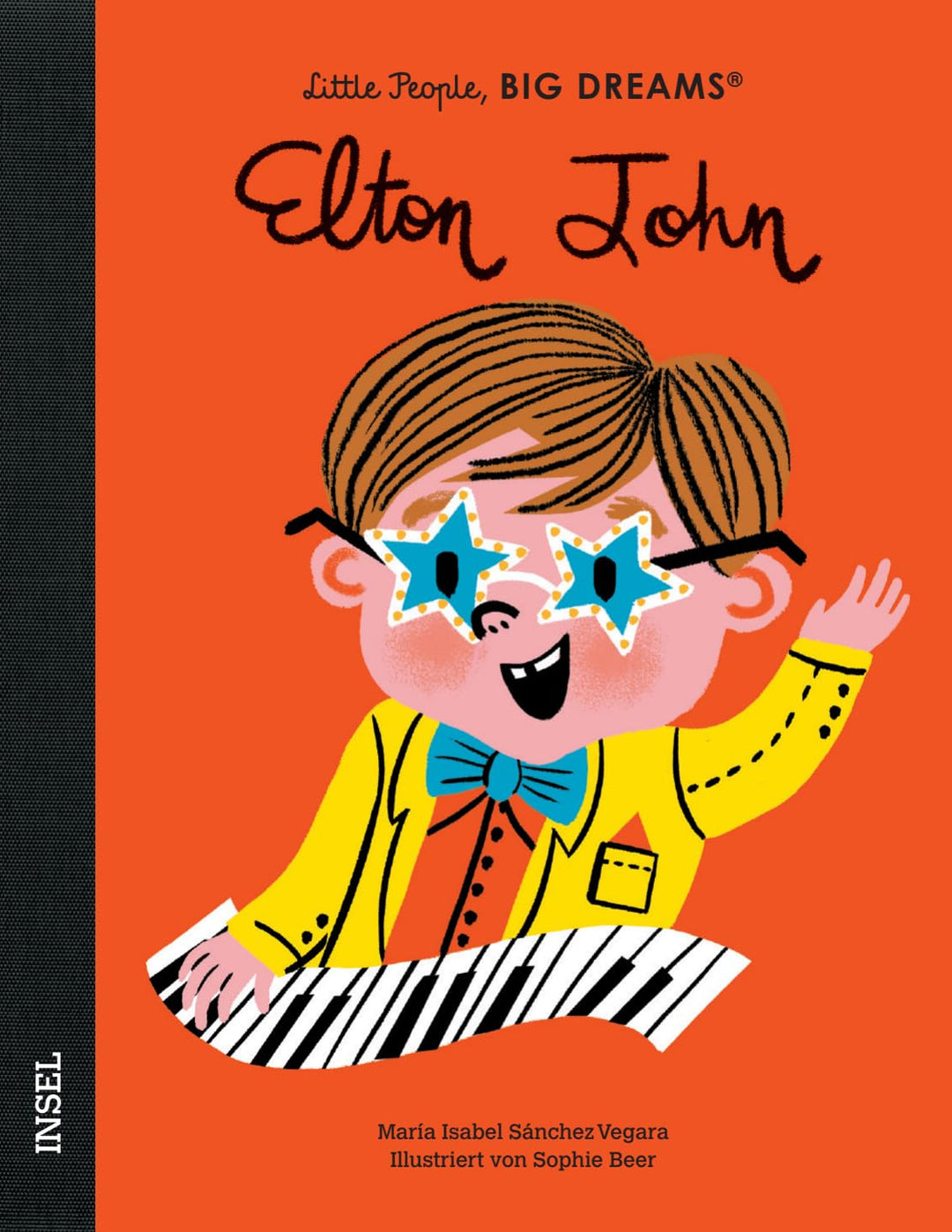 Cover des Kinderbuchs über Elton John: Elton trägt eine gelbe Jacke, eine blaue Fliege und Sternenbrille, umgeben von einer geschwungenen Klaviertastatur.